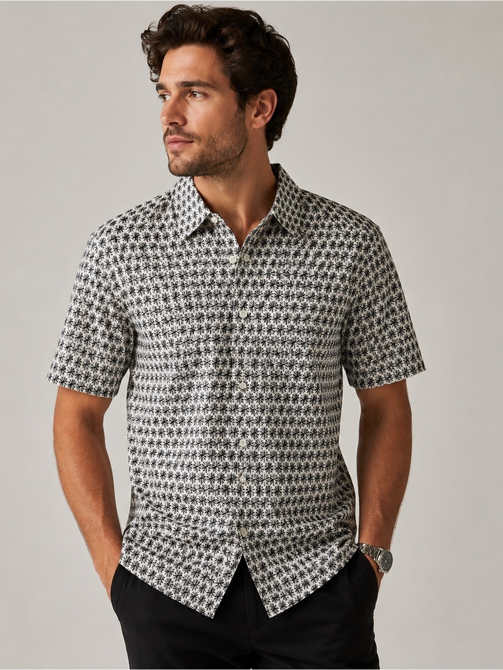 Claiborne Geometric Print Button Front Shirt Black White Stretch Casual Shirt M
